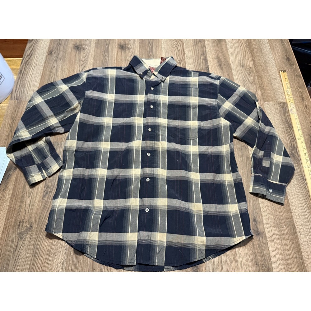 Cotton Works Plaid Button Down Mens XL Navy Blue Tan Casual Shirt Excellent